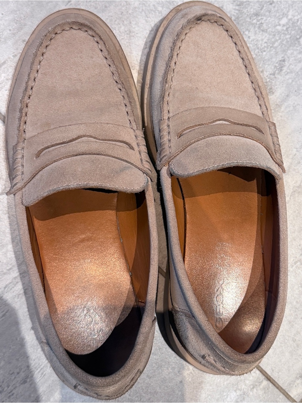 Womens Suede Penny Loafers in Light Taupe